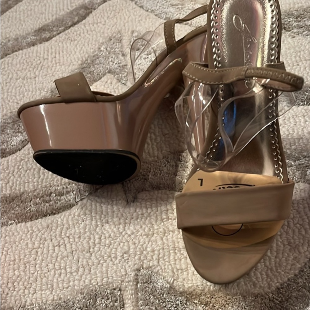 Tan Pageant Model platform Heels with clear ankle strap and Open Toe Design